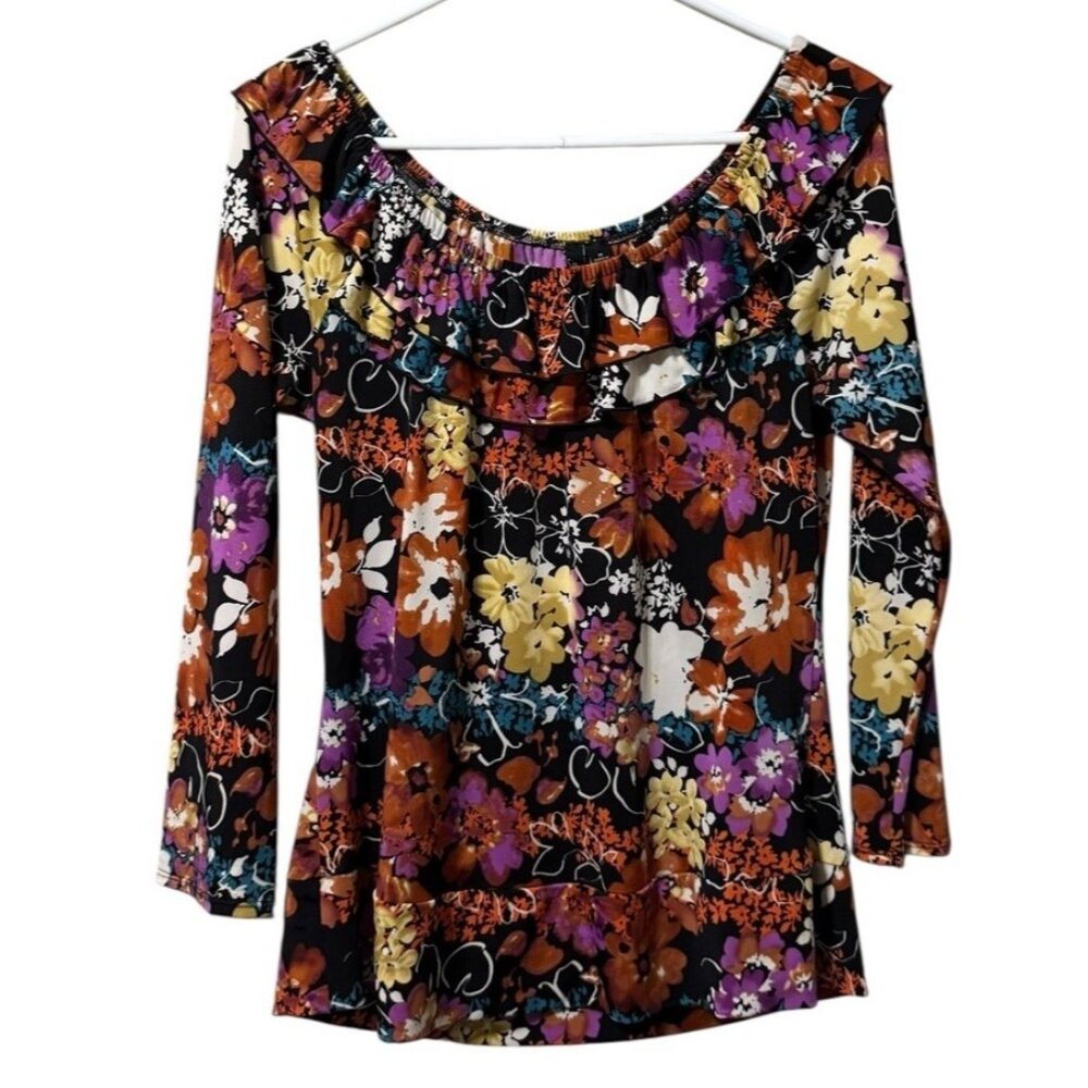 Essentials By Milano‎ Shirt Women Blouse Size Medium Ruffles Floral Cottagecore